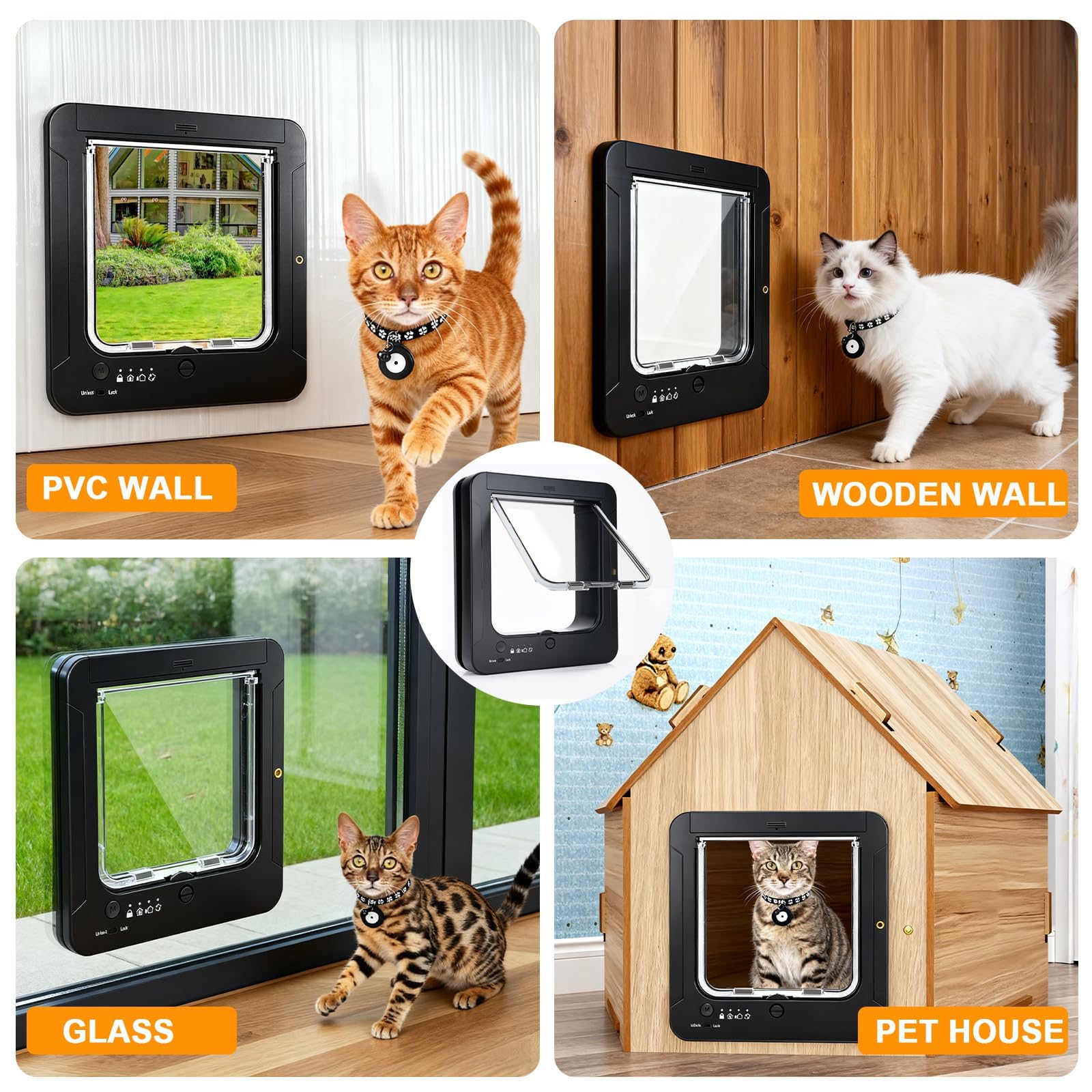 Smart Cat Door for Interior & Exterior, RFID Cat Pet Door with 3 Collar Sensor Keys & 1 Remote Control & 4 Way Locking Cat Flap with Collar Sensors Activated Opening CatDoor (Black)