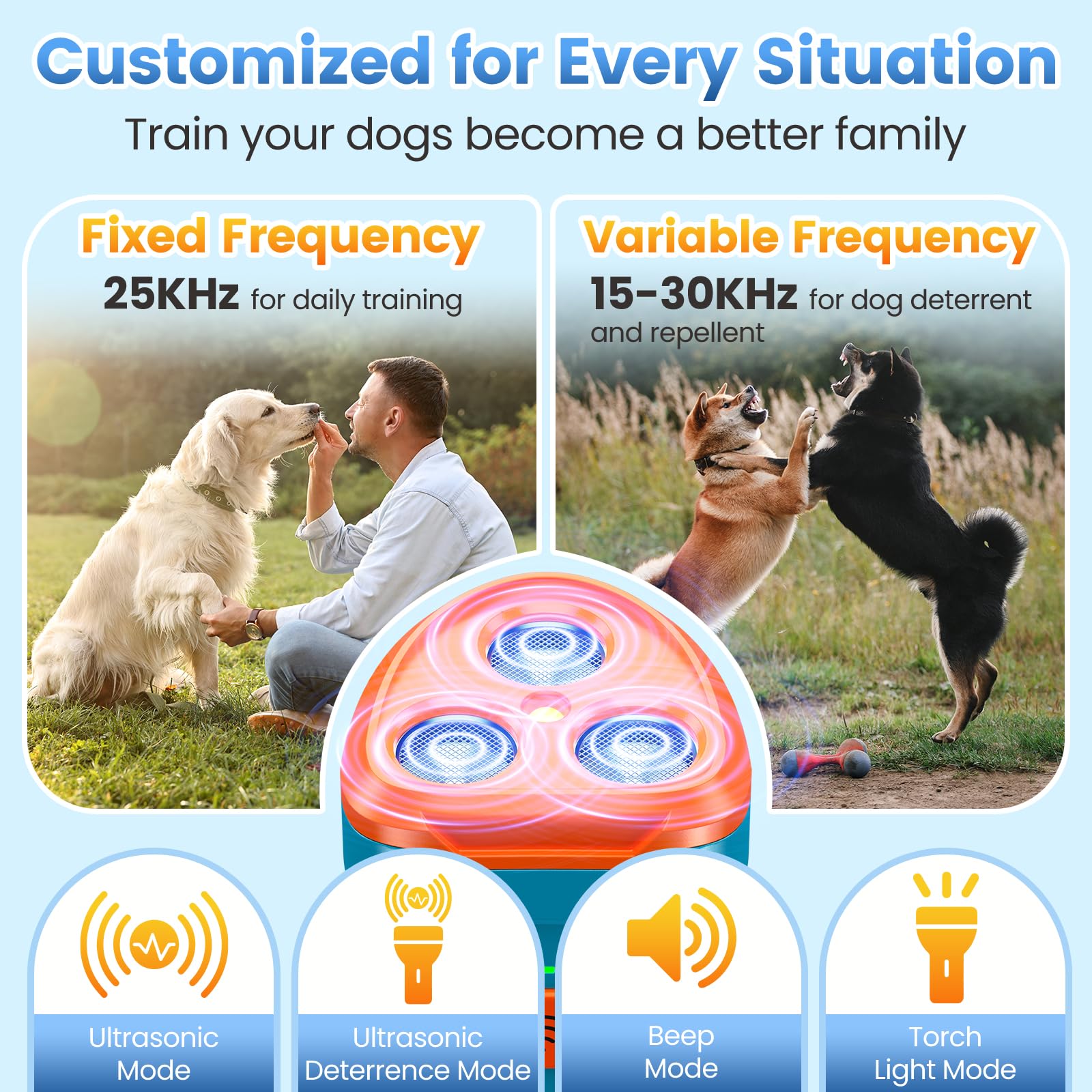 Cbersmg Dog Bark Deterrent Device 3X Anti Barking Device for Dogs, 5 Modes Stop Neighbors Dog Barks No More Safe for All Dogs 50FT Bark Control Indoor Outdoor with Flashlight,Dog Training Device