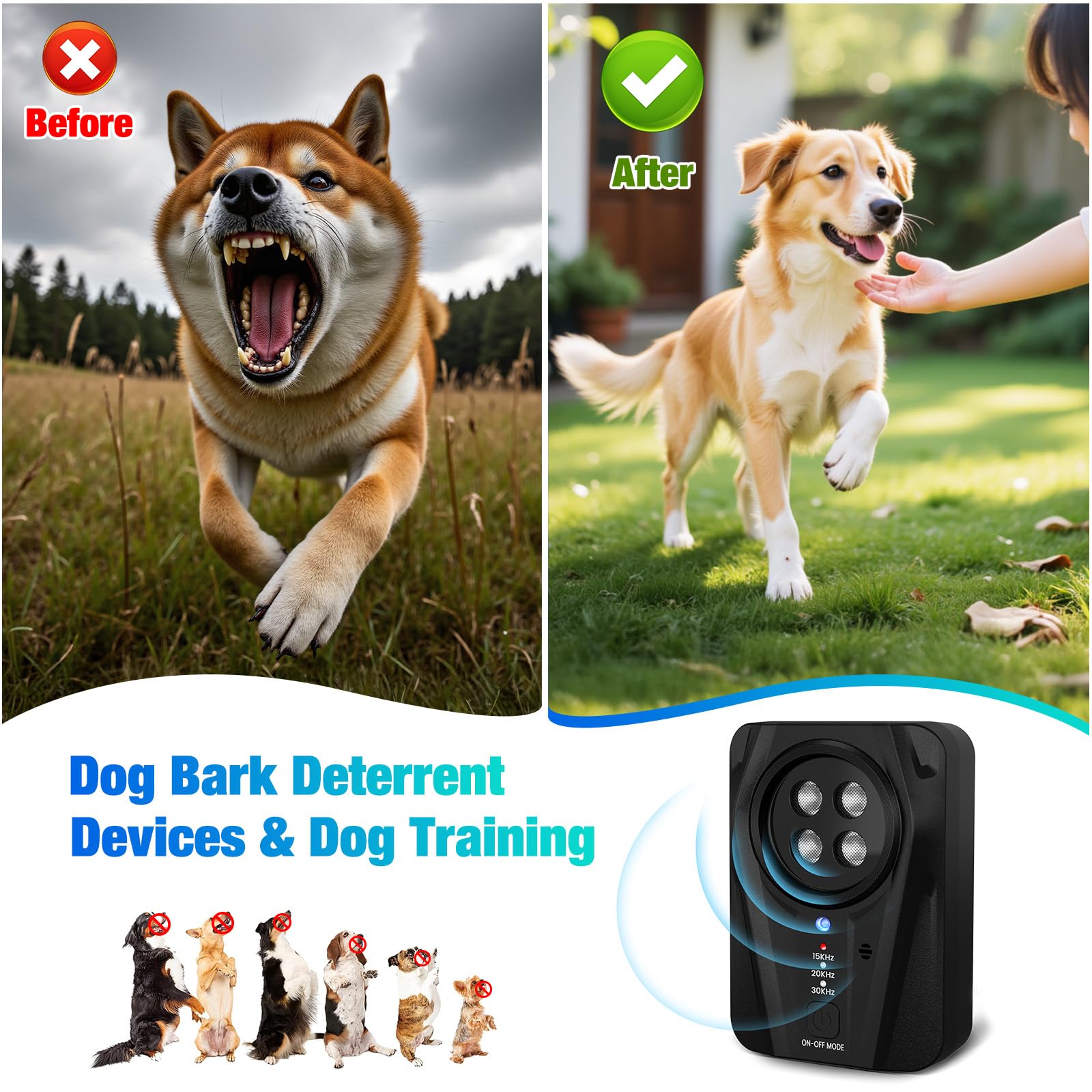 Queenmew Dog Bark Deterrent Devices, 3 Modes Ultrasonic Anti Barking Device for Dogs, Rechargble Barking Control Devices, Effective Stop Bark Box for Dog Training in Outdoor & Indoor
