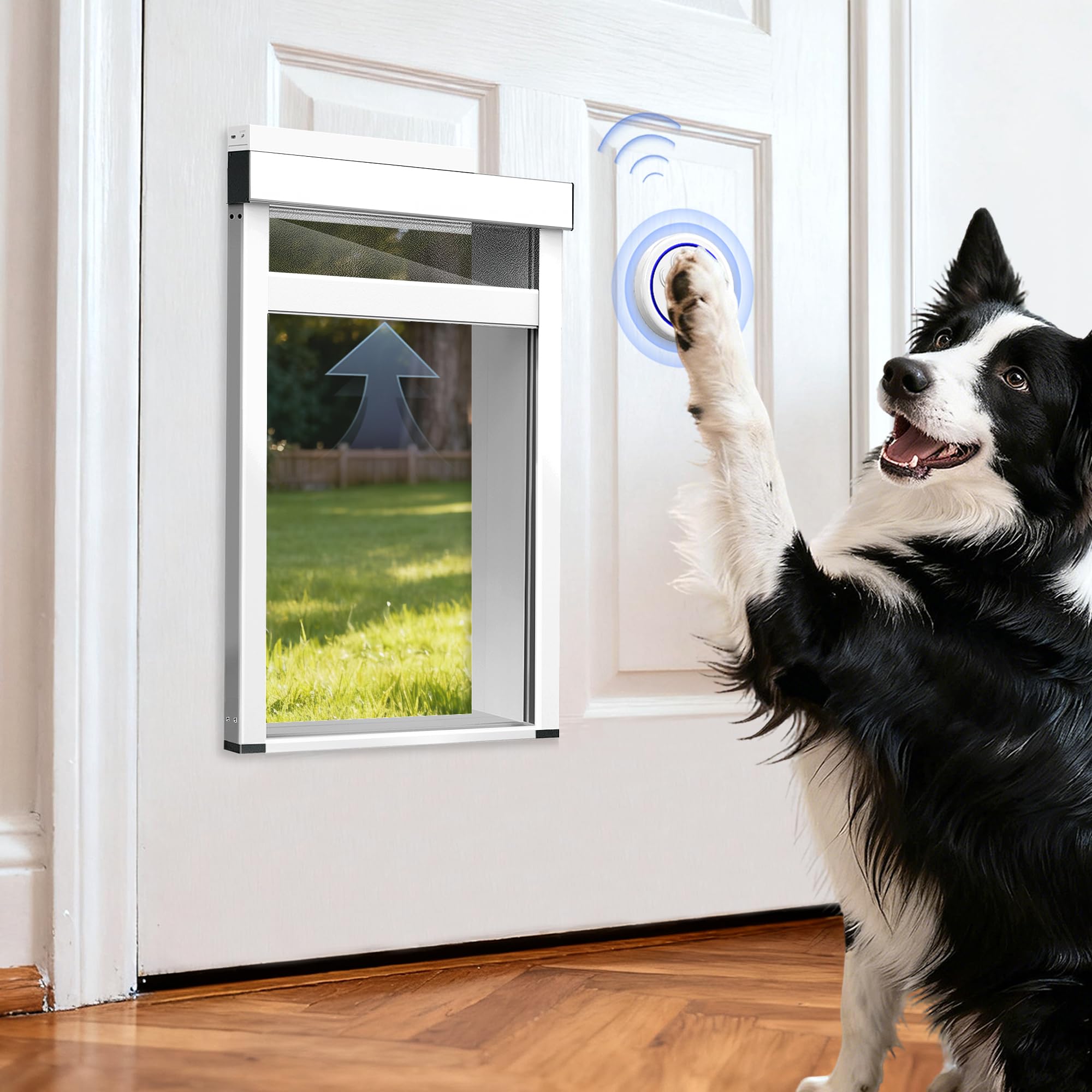 Automatic Dog Door with Doorbell Activation, 2-Flap Electronic Smart Pet Door with Anti-Pinch, No Collar Needed, Aluminum Lockable Weatherproof Telescoping Tunnel for Pets