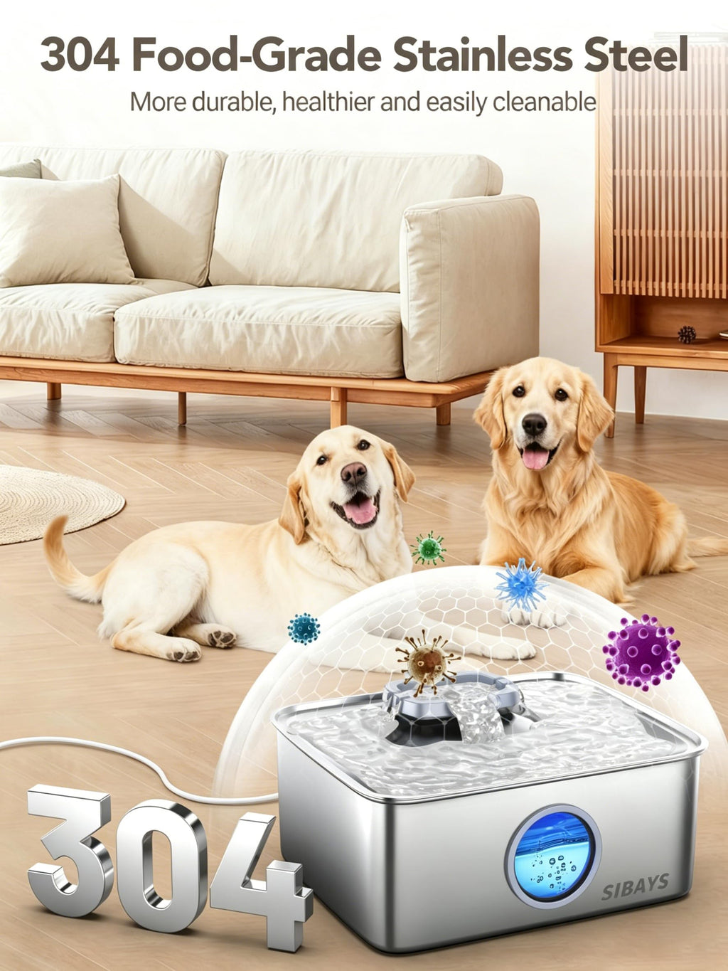 SIBAYS 4Gal/15L Dog Water Fountain, Stainless Steel Large Capacity Pet Water Fountain with Water Level LED Light, Automatic Quiet Dog Water Bowl Dispenser for Large Dogs & Multi-Pet Easy to Clean FS79