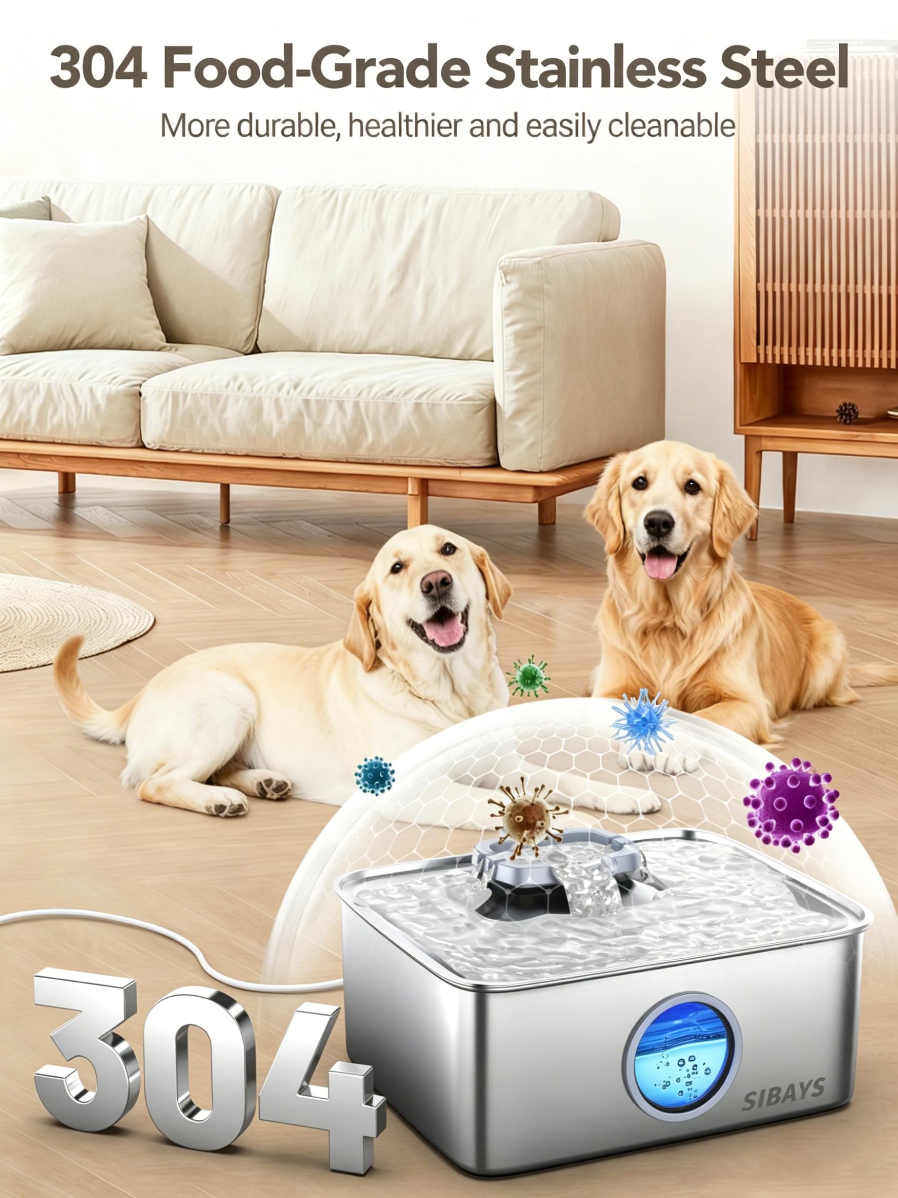 SIBAYS 4Gal/15L Dog Water Fountain, Stainless Steel Large Capacity Pet Water Fountain with Water Level LED Light, Automatic Quiet Dog Water Bowl Dispenser for Large Dogs & Multi-Pet Easy to Clean FS79
