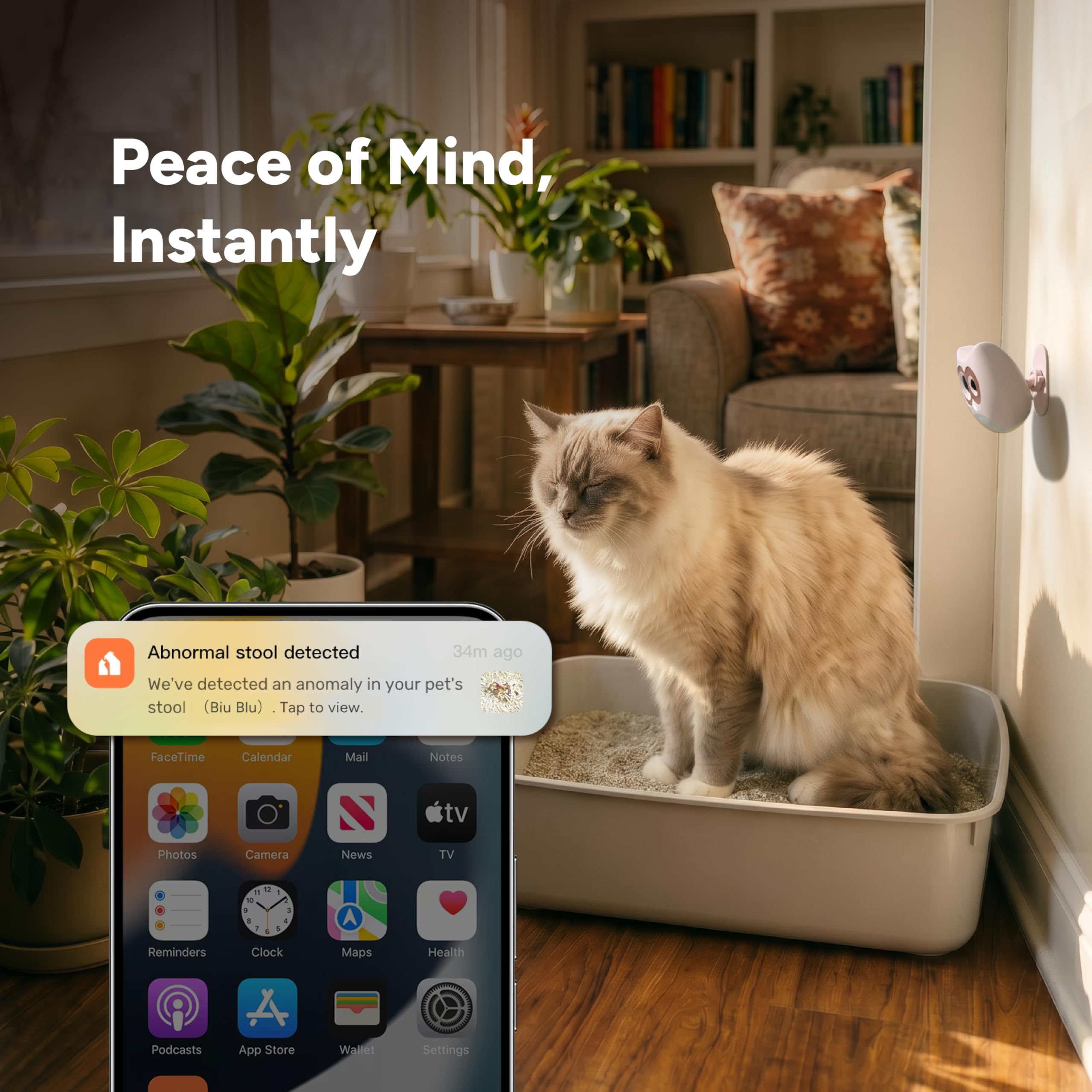 SiiPet AI Cat Camera – Litter Box Monitoring, Cat Camera with Phone APP Indoor, Multi-Cat Recognition, Early UTI & Diarrhea Health Indicating, Wireless Pet Cam with Night Vision