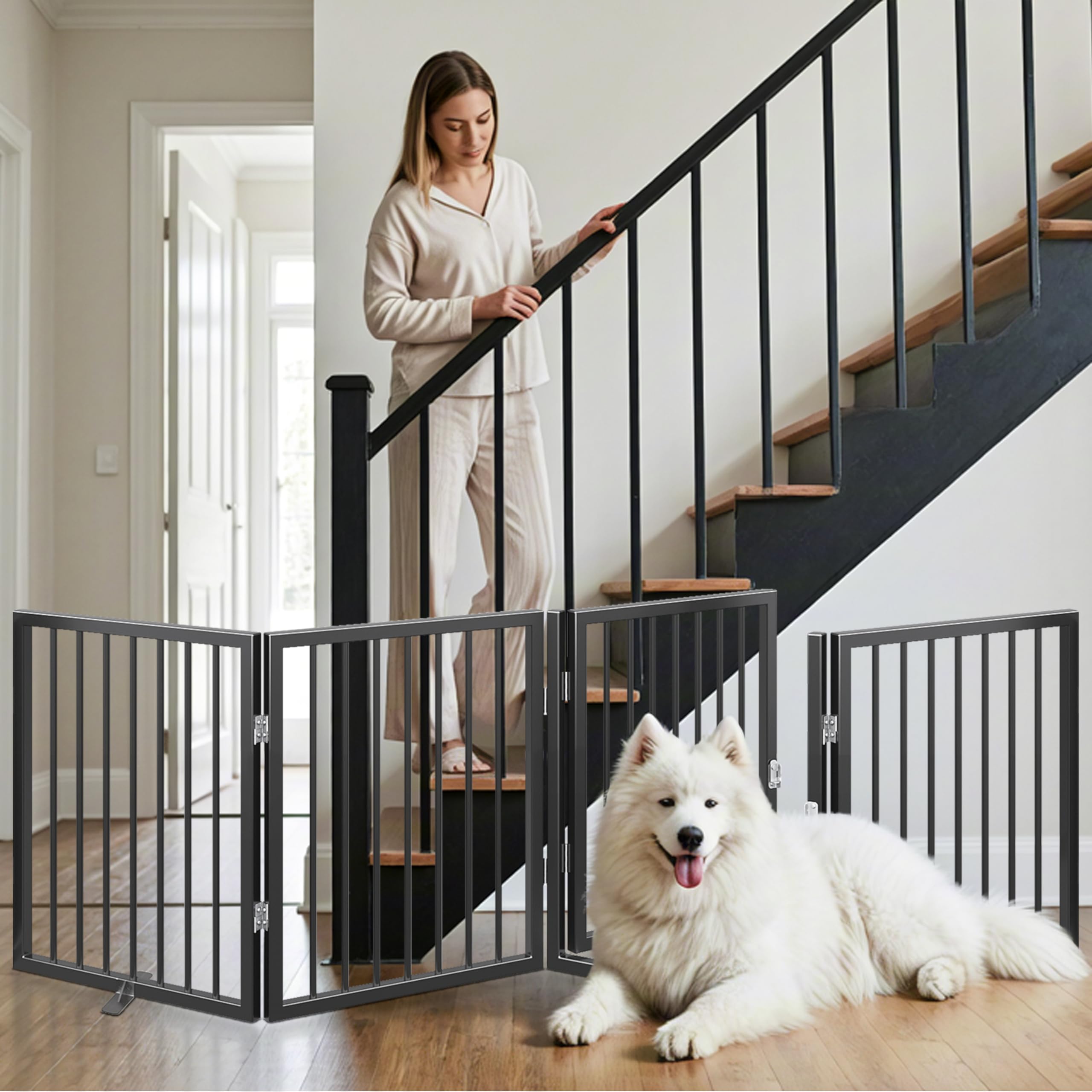 Vantas Folding No-Assembly Metal Pet Gate 24" Wide, 30" Tall Dog Gate, Freestanding Wire Pet Gate Dog Door
