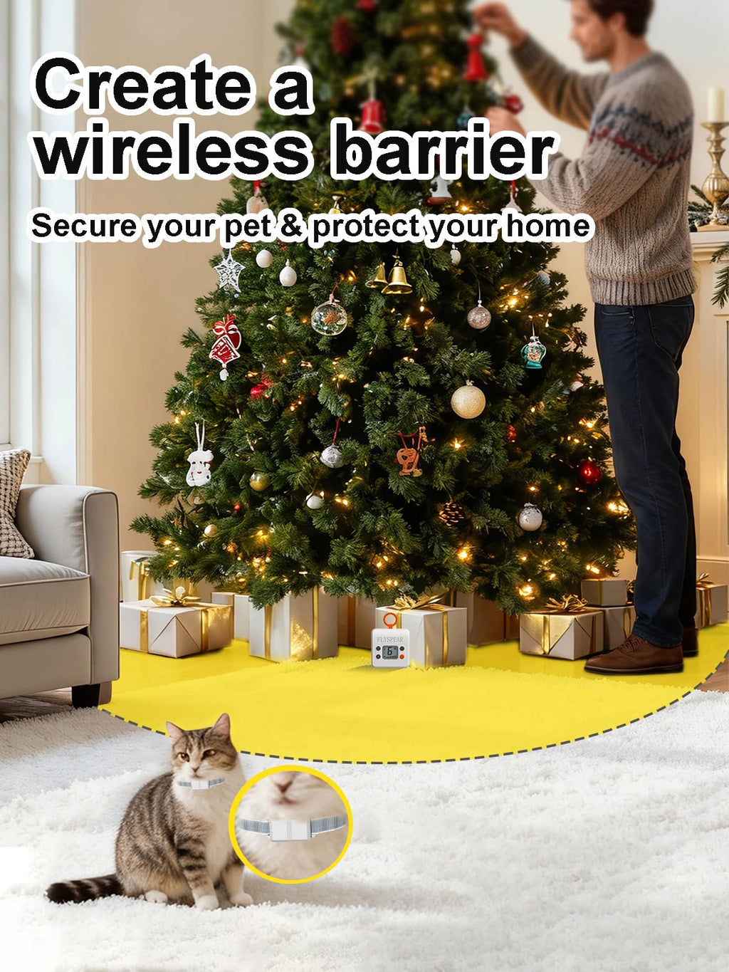FLYSPEAR Wireless Cat Barrier - Rechargeable Indoor Barrier with 6 Adjustable Range Radius up to 7 ft, 6 Adjustable Safe Static Intensit for Cats Small Dogs with Hook