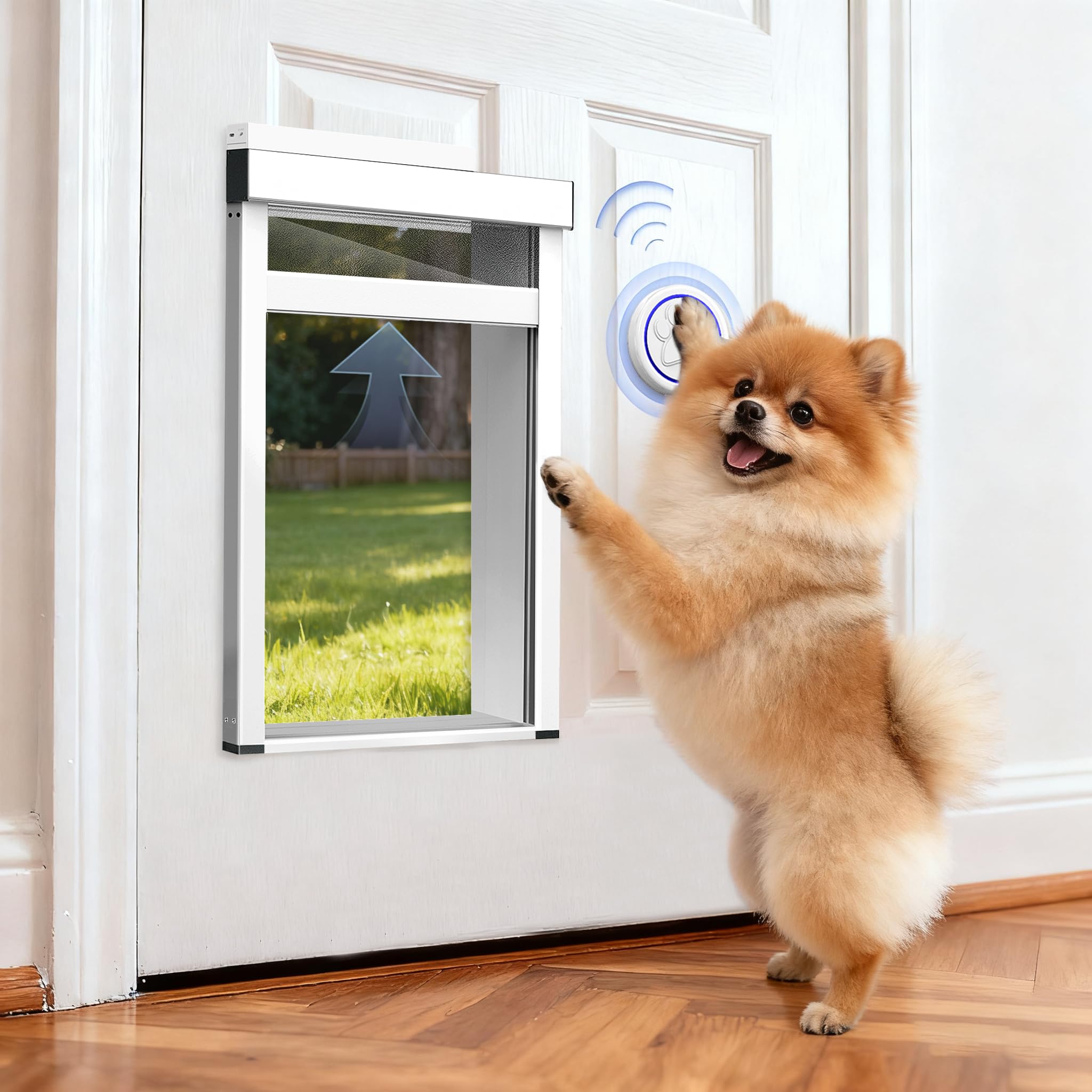 Automatic Dog Door with Doorbell Activation, 2-Flap Electronic Smart Pet Door with Anti-Pinch, No Collar Needed, Aluminum Lockable Weatherproof Telescoping Tunnel for Pets