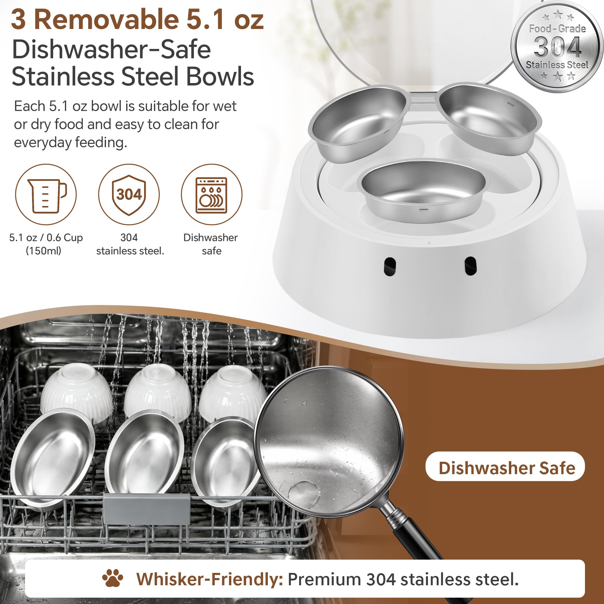 Adolug RFID Automatic Cat Feeder for Multi-Pet Households, Selective Microchip Pet Feeder with 3 Stainless Bowls (1 Public, 2 Hidden), Prevents Food Stealing, Special Diet Dispenser, Dual Power