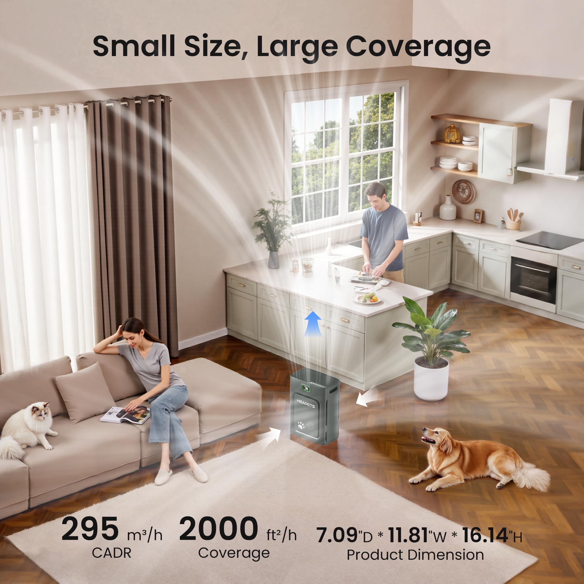 Pet Air Purifier for Home Large Room up to 2500 sq ft, H13 HEPA Double-Sided Air Filter Washable, Air Cleaner for Pet Hair Dander Odor Allergies Pollutant, PM2.5 Air Quality Monitor,Auto Mode,5 Speeds