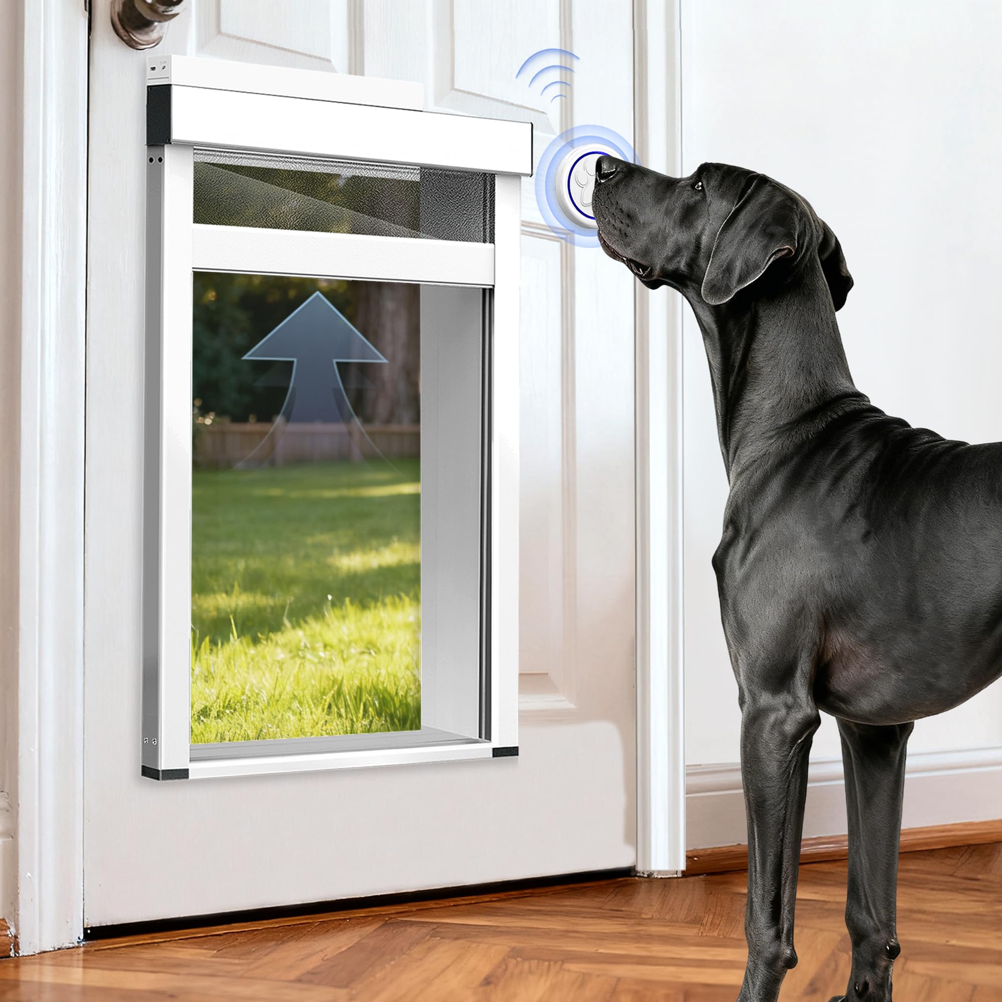 Automatic Dog Door with Doorbell Activation, 2-Flap Electronic Smart Pet Door with Anti-Pinch, No Collar Needed, Aluminum Lockable Weatherproof Telescoping Tunnel for Pets