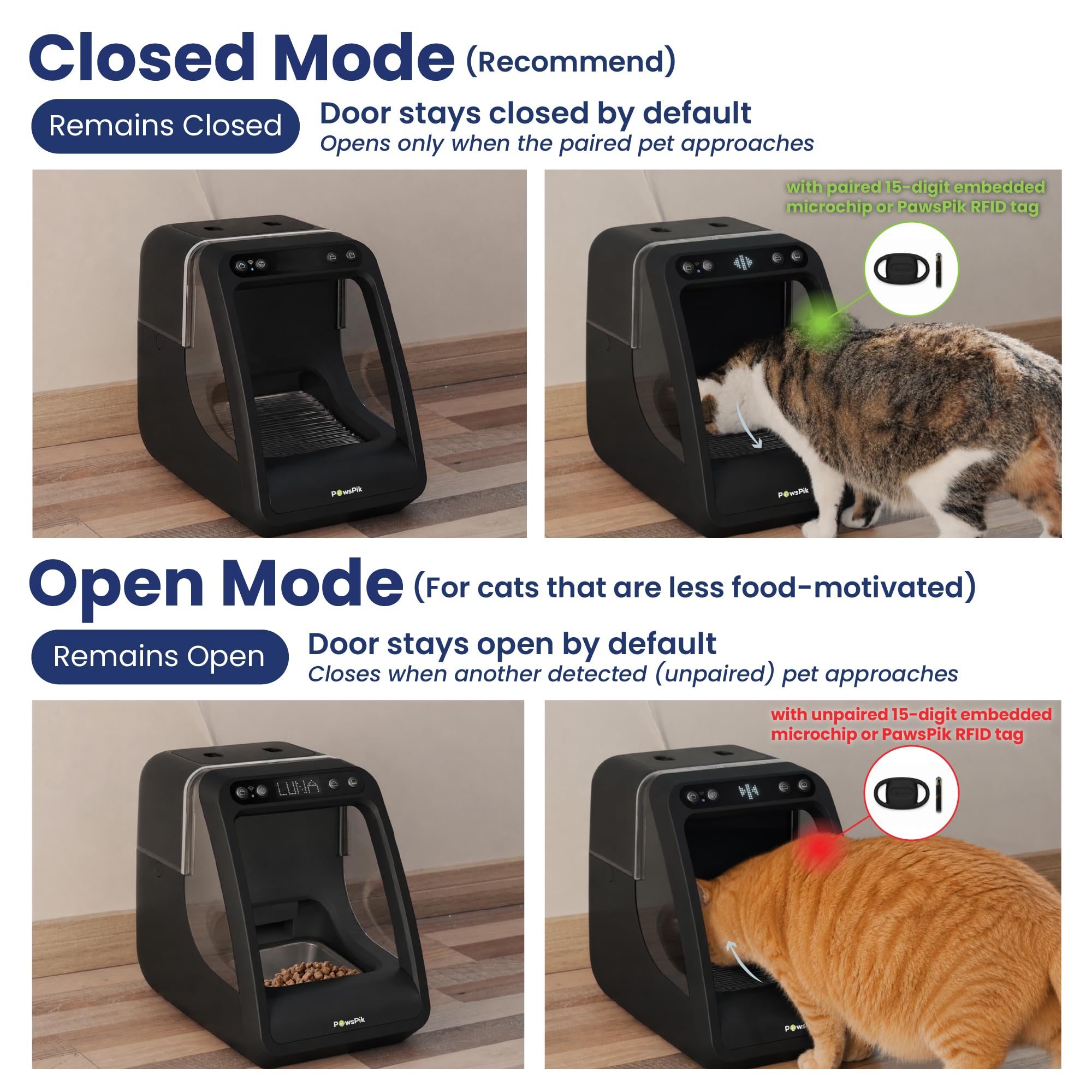 PawsPik Automatic Microchip RFID Cat Feeder,16-Cup, ISO Microchip & PawsPik RFID Tag Compatible, App Control, Portion Control