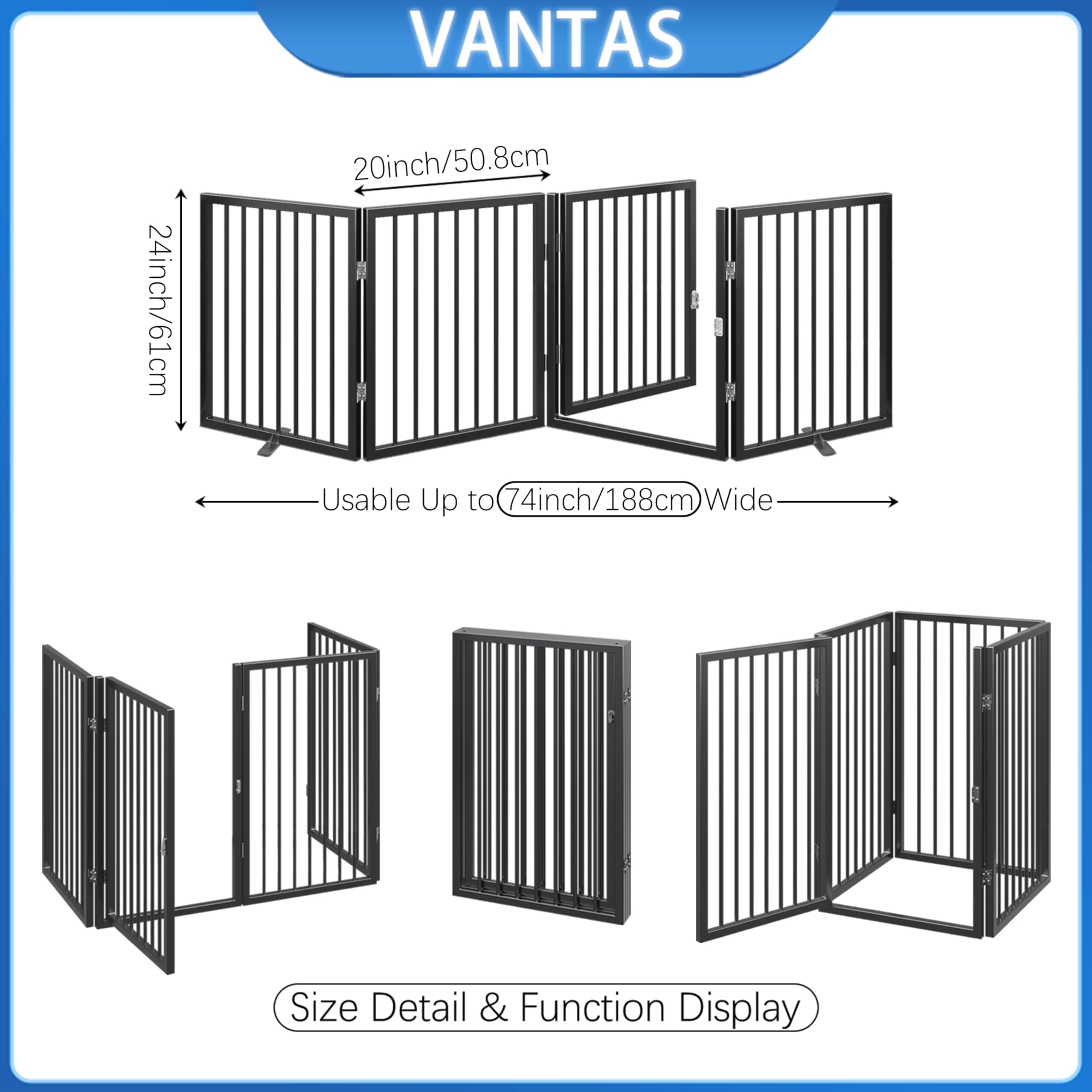 Vantas Folding No-Assembly Metal Pet Gate 24" Wide, 30" Tall Dog Gate, Freestanding Wire Pet Gate Dog Door