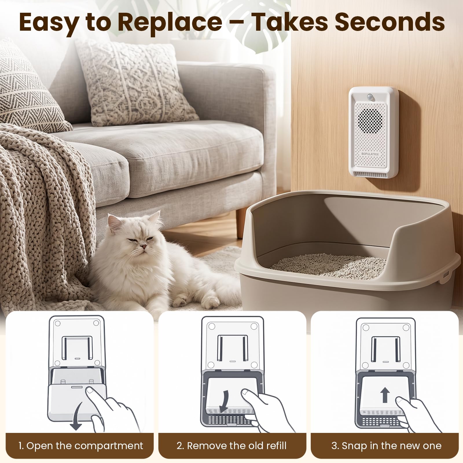 Bopulatrix Cat Litter Deodorizer with Motion Sensor, 2-in-1 Pet Odor Eliminator & Freshener, Rechargeable Litter Box Deodorizer with Advanced Pod, 30dB Quiet Odor Neutralizer