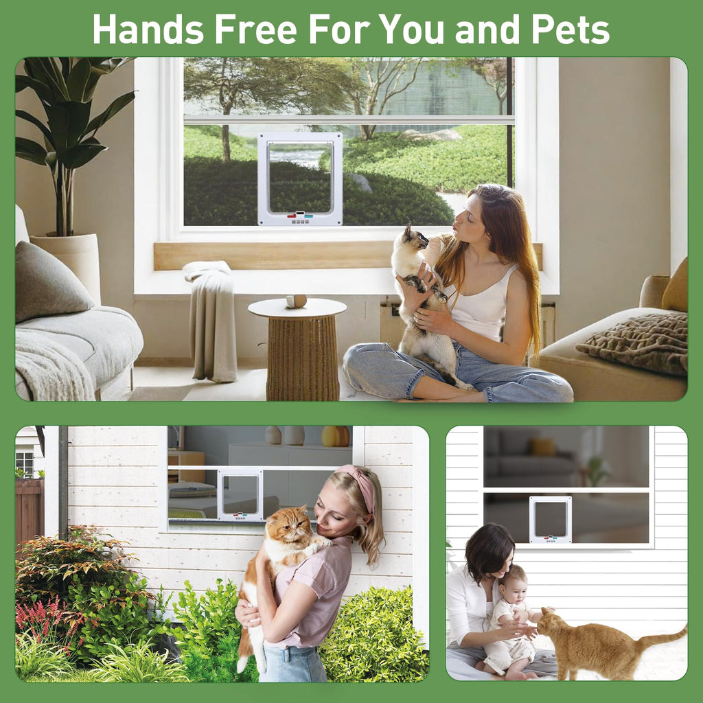 Cat Door for Window, Safety Cat Window with 4 Way Lock, Pet Friendly Window Cat Door Insert, Ease of Installation, Magnetic Closure, Weatherproof Design