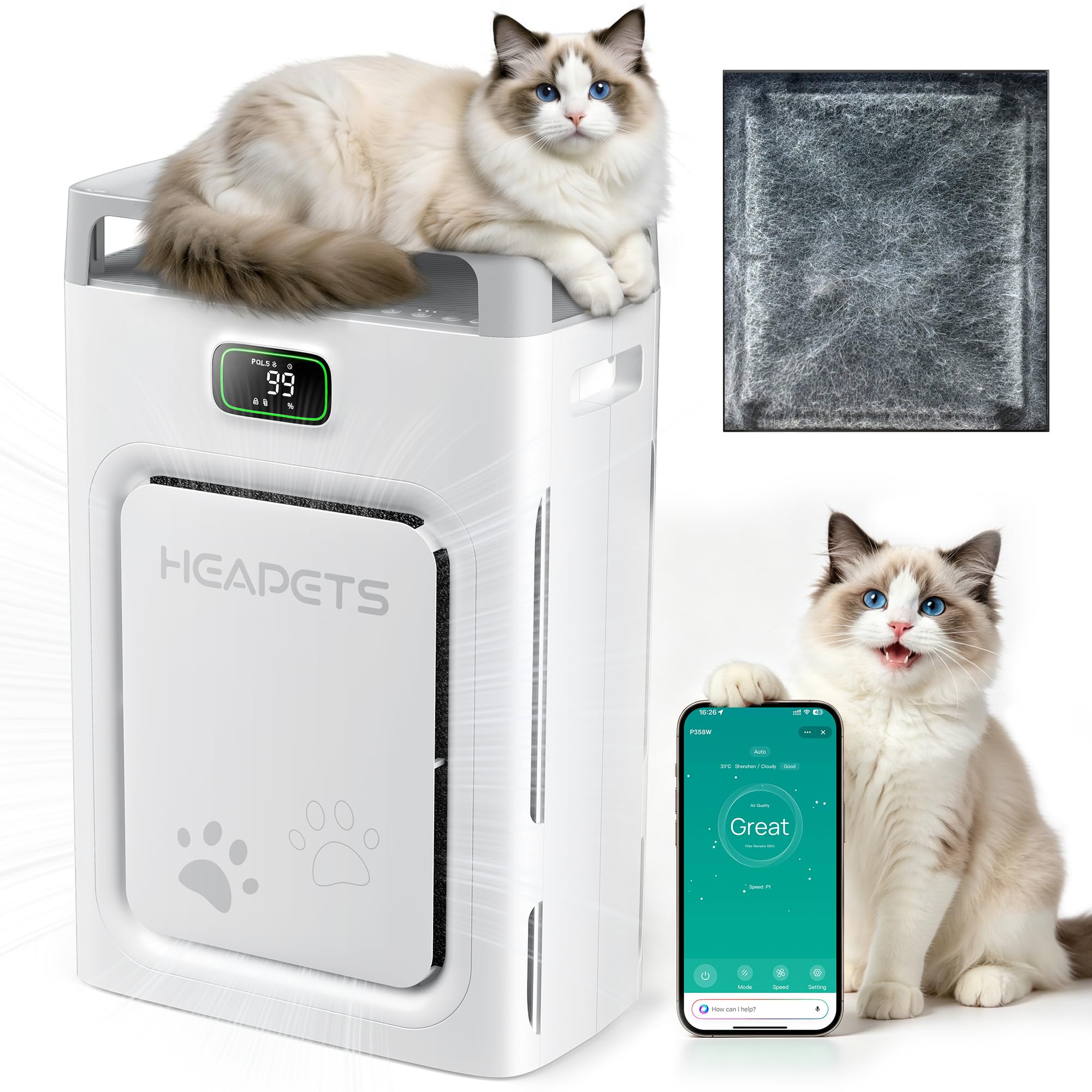 Pet Air Purifier for Home Large Room up to 2500 sq ft, H13 HEPA Double-Sided Air Filter Washable, Air Cleaner for Pet Hair Dander Odor Allergies Pollutant, PM2.5 Air Quality Monitor,Auto Mode,5 Speeds