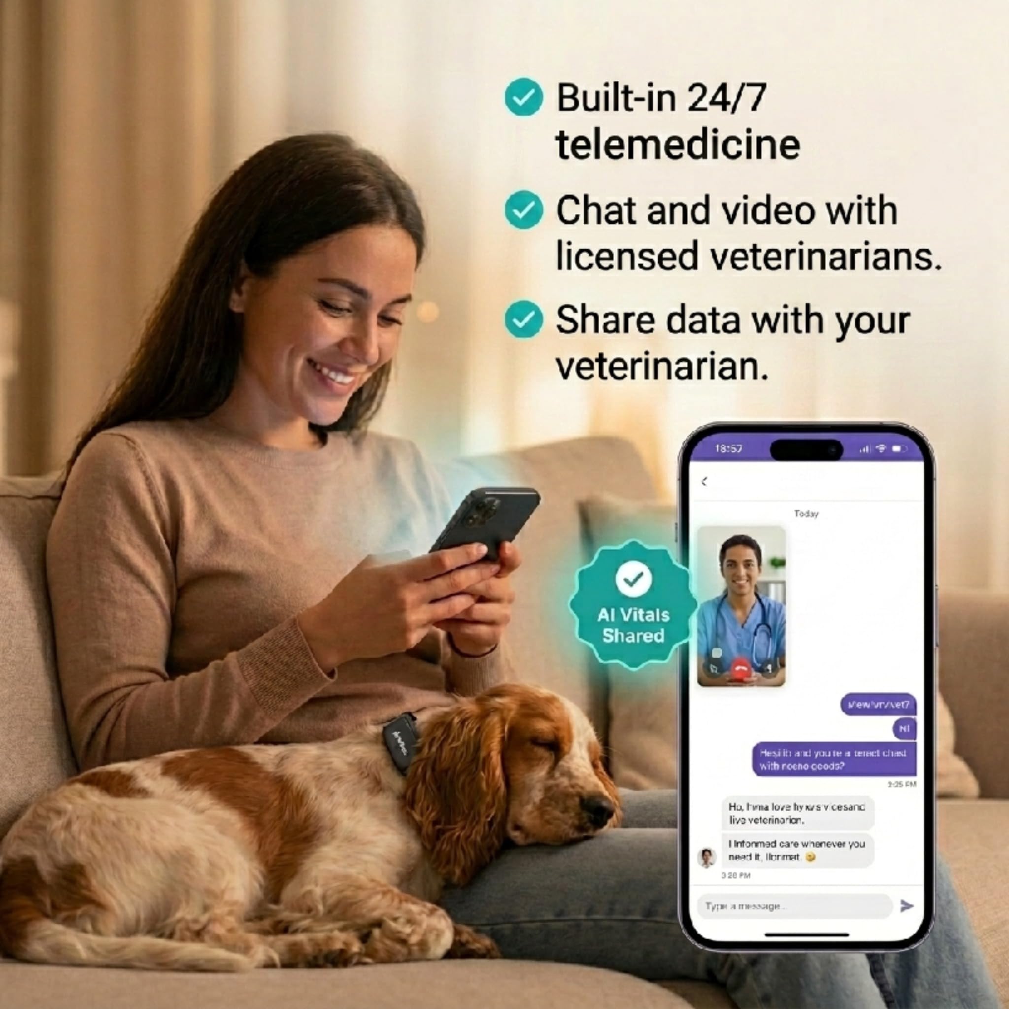 AI Smart Dog Health Collar – 24/7 Vital Signs Monitor, GPS Tracking, Heart Rate, Pain Detection, Telehealth Vet Access, Smart Watch Sync | PetPace V3.0 - Subscription Required