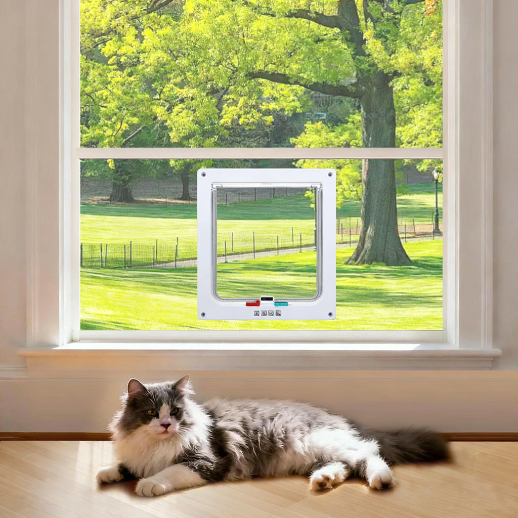 Cat Door for Window, Safety Cat Window with 4 Way Lock, Pet Friendly Window Cat Door Insert, Ease of Installation, Magnetic Closure, Weatherproof Design