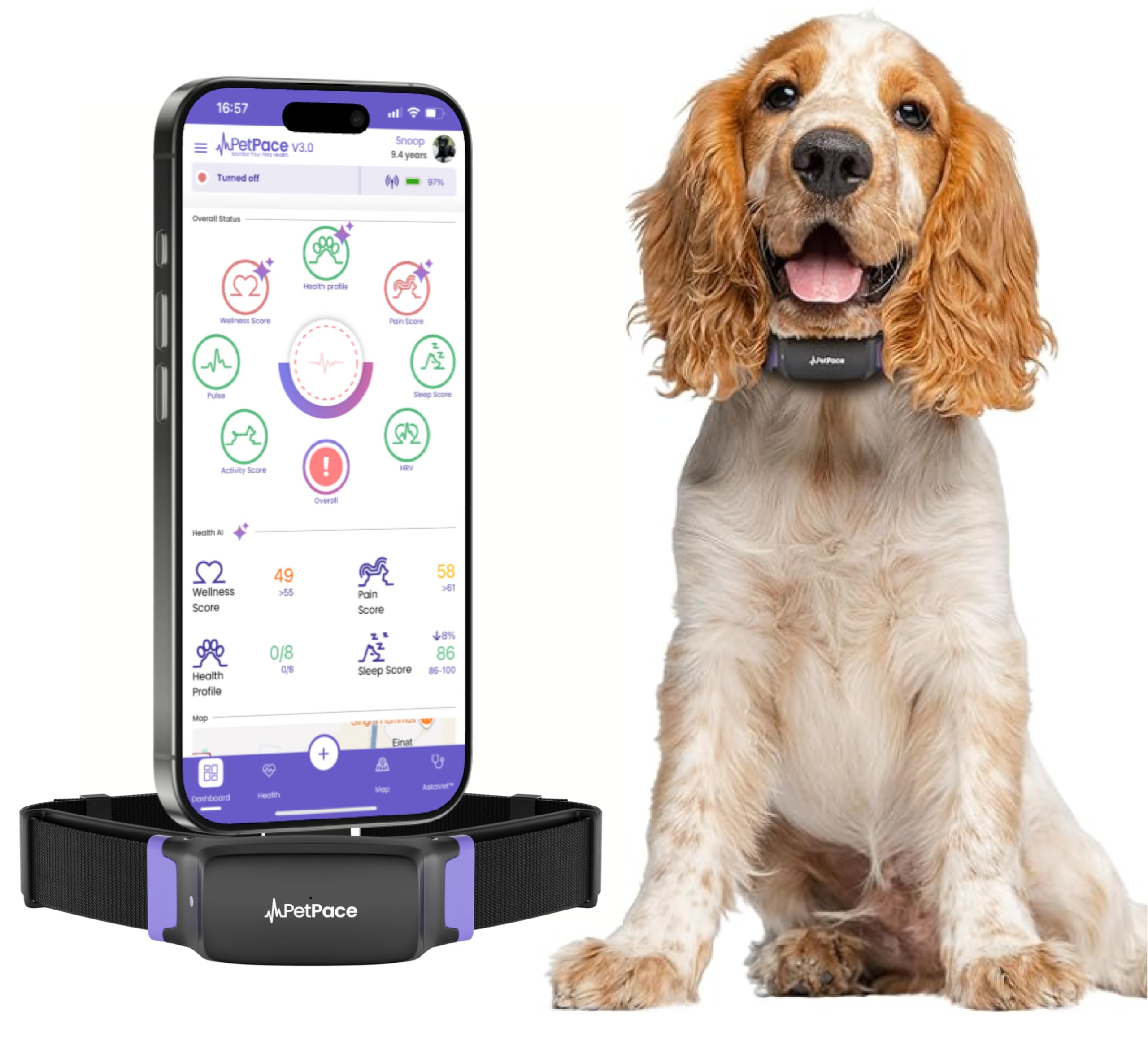 AI Smart Dog Health Collar – 24/7 Vital Signs Monitor, GPS Tracking, Heart Rate, Pain Detection, Telehealth Vet Access, Smart Watch Sync | PetPace V3.0 - Subscription Required
