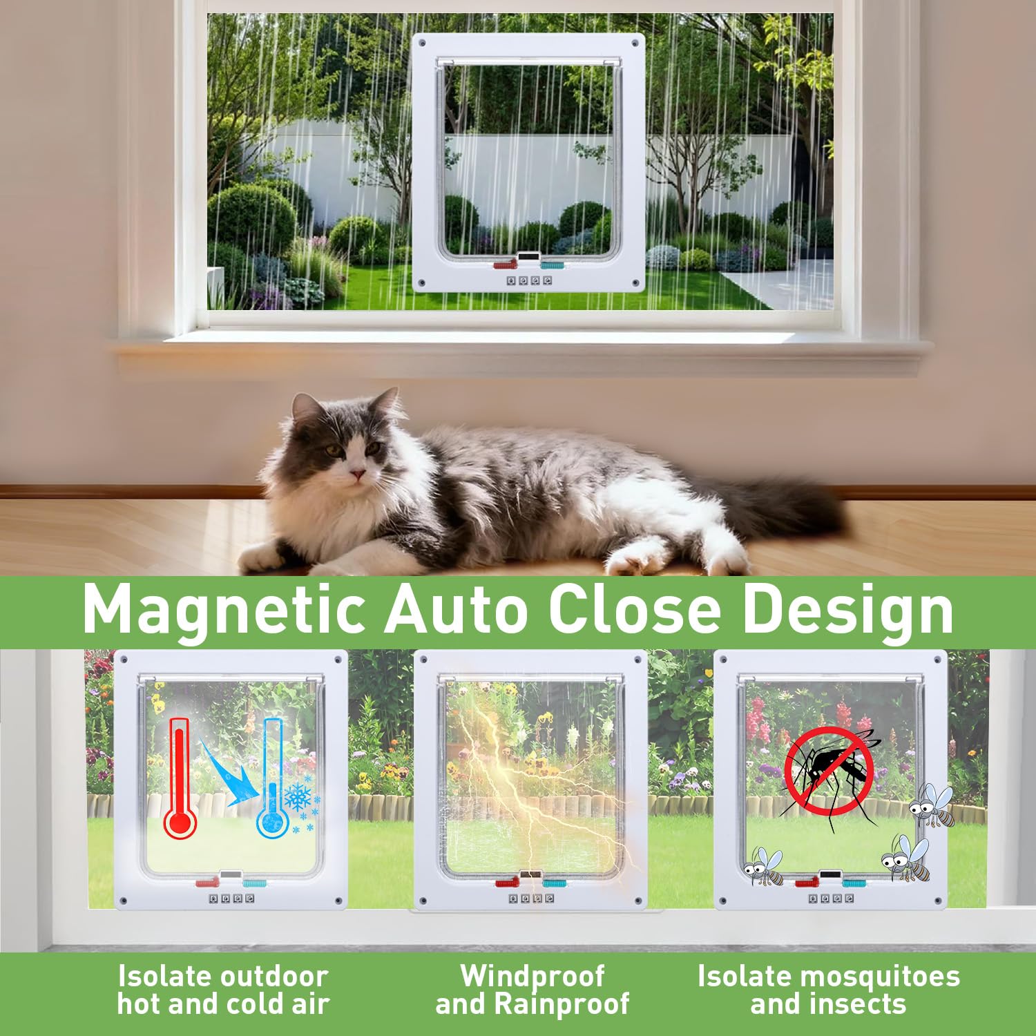 Cat Door for Window, Safety Cat Window with 4 Way Lock, Pet Friendly Window Cat Door Insert, Ease of Installation, Magnetic Closure, Weatherproof Design